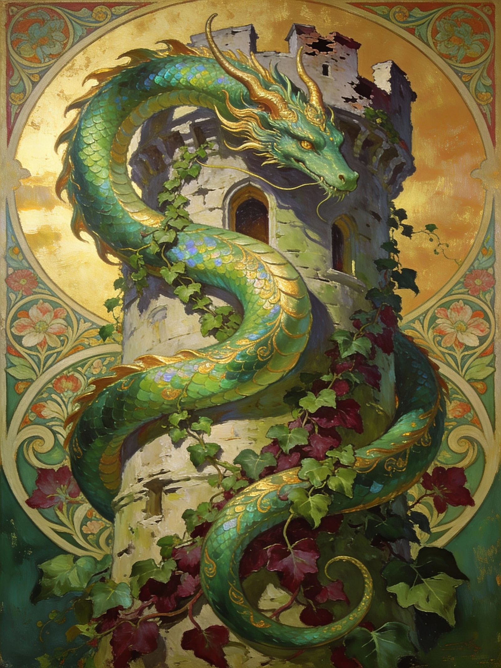 Green Dragon Guardian of Ancient Tower in Art Nouveau Style