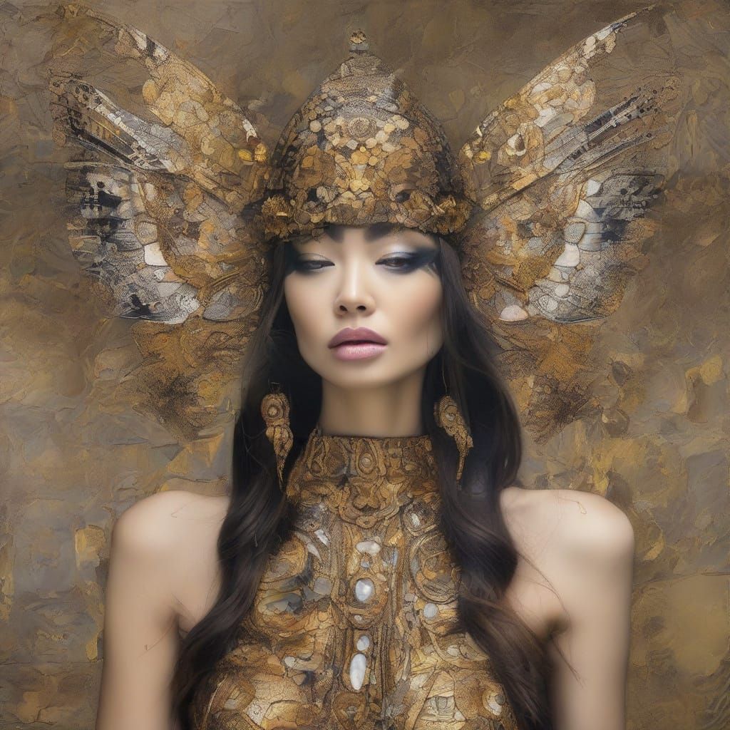 Opalescent Thai Model with Moth Wings, Vintage Style