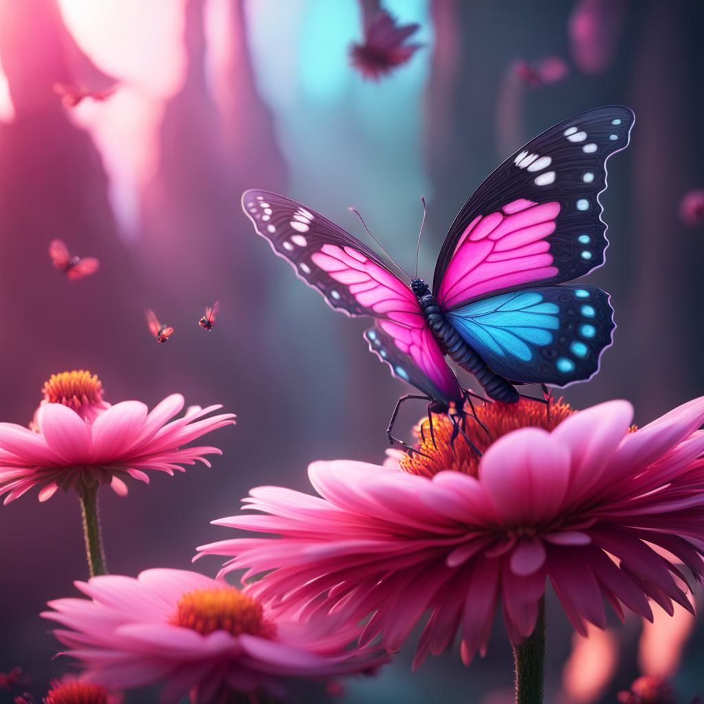 Colorful Butterfly on Pink Flower: Detailed Matte Painting