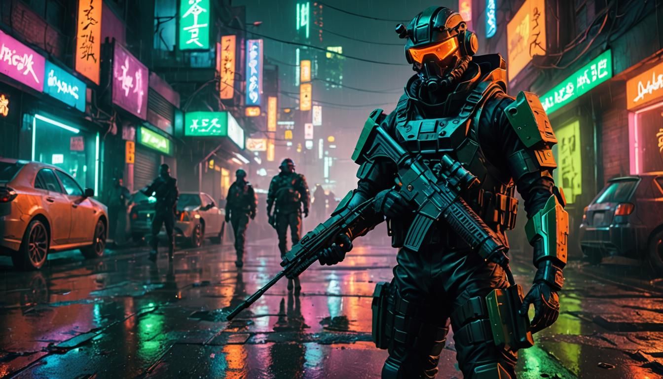 Cyberpunk Soldier in Neon Cityscape