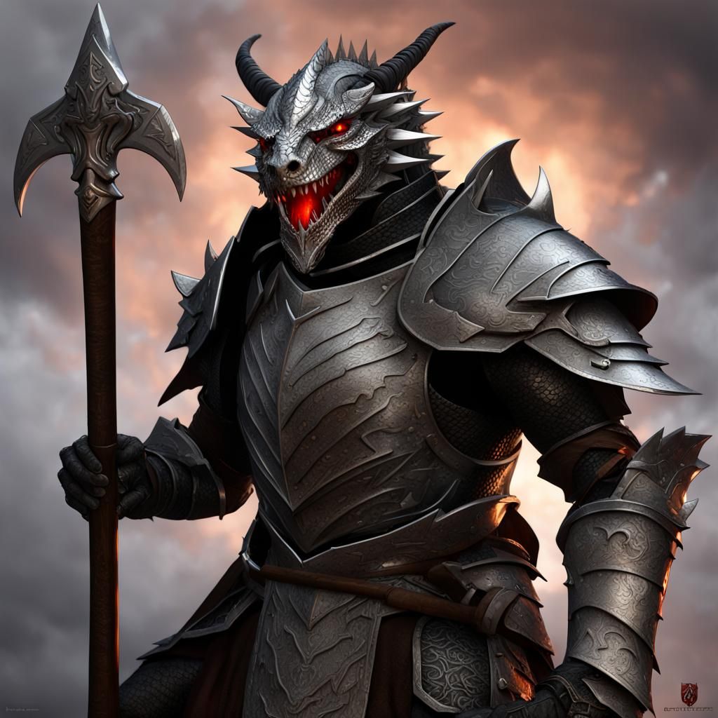 Dragonborn Knight in Black Armor with Greataxe