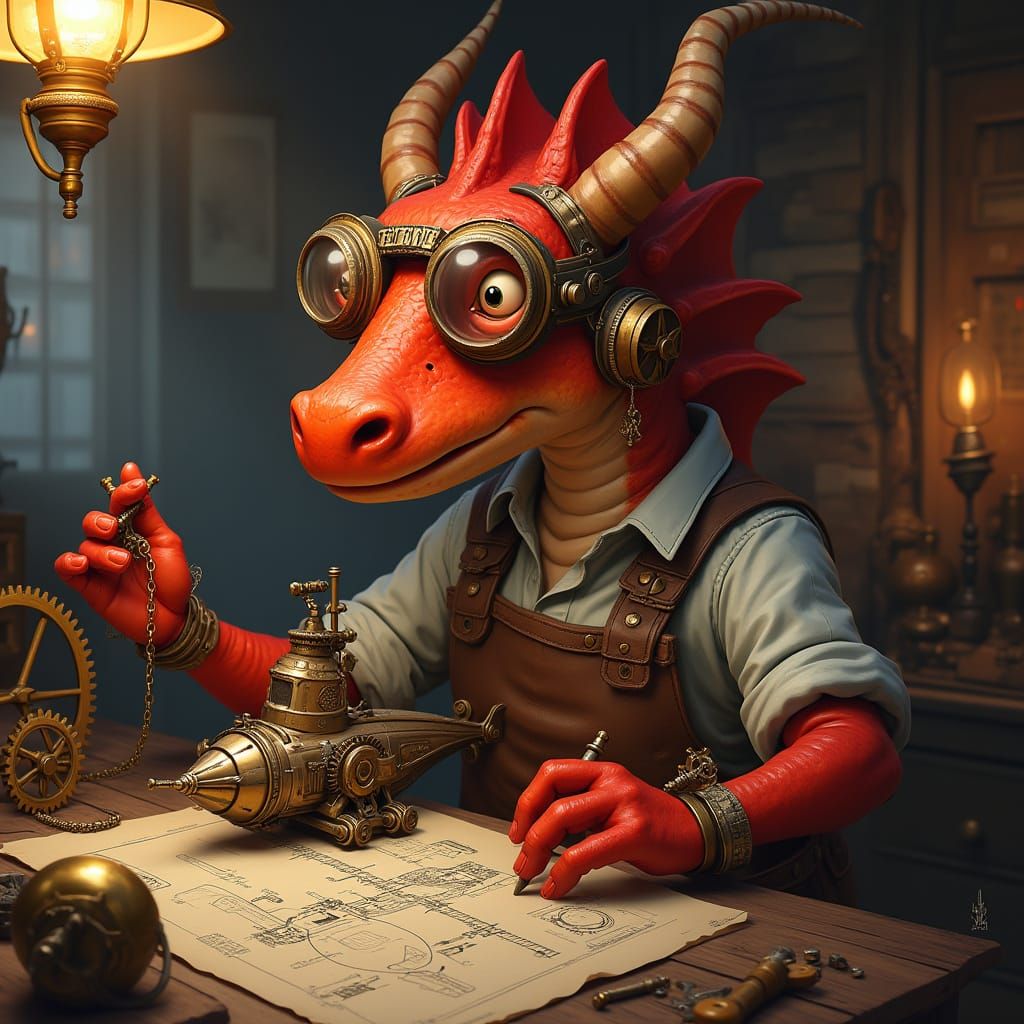 Steampunk Dragon Mechanic Tinkering with Submarine