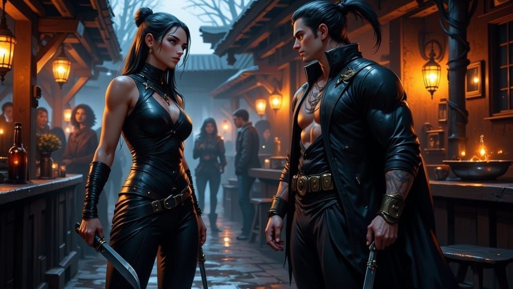 Dark Fantasy Inn Scene with Powerful Women in Sleek Black At...