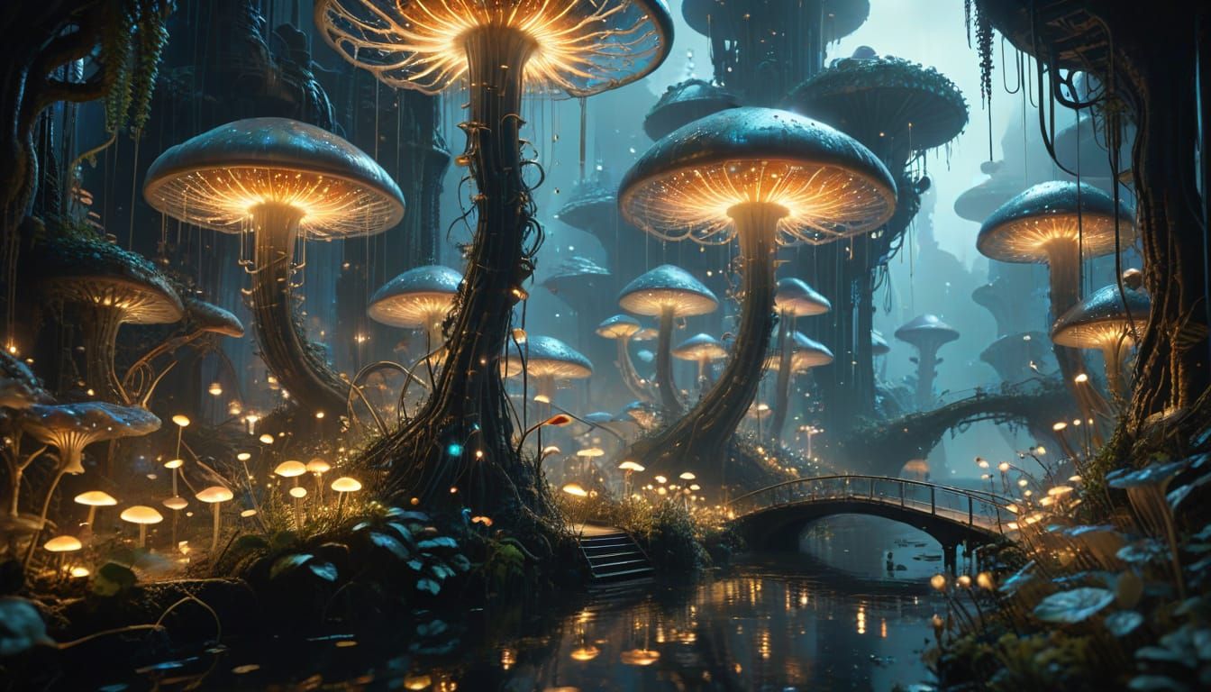 Surreal Futuristic City of Glowing Plants and Fungi