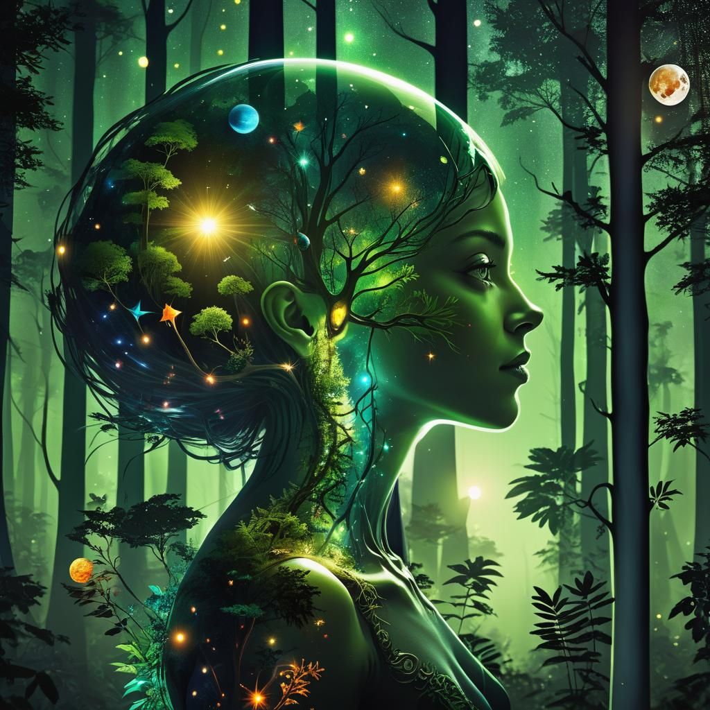 Ethereal Forest: Female Silhouette and Distant Cosmos