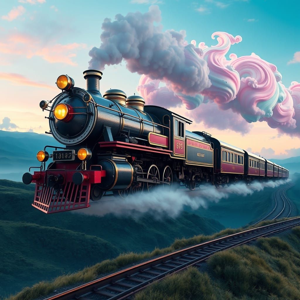 Majestic Train Soars through the Whimsical Sky with Colorful...