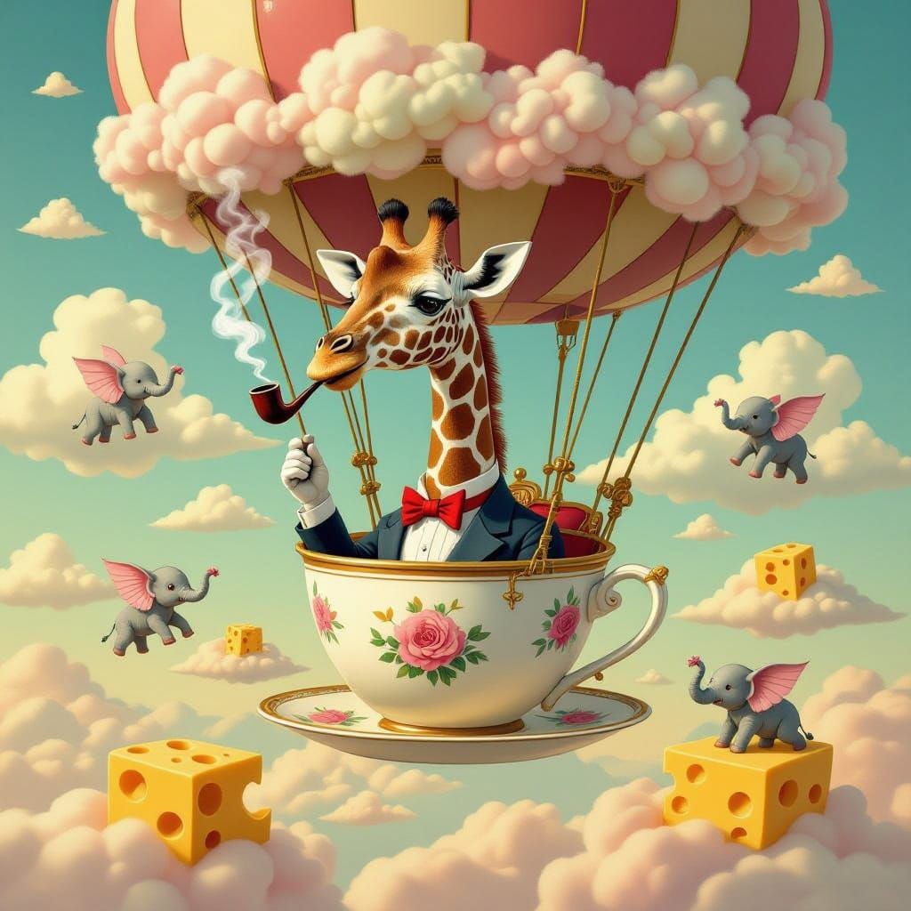 Surreal Giraffe in Teacup Balloon Over Cheese Landscape