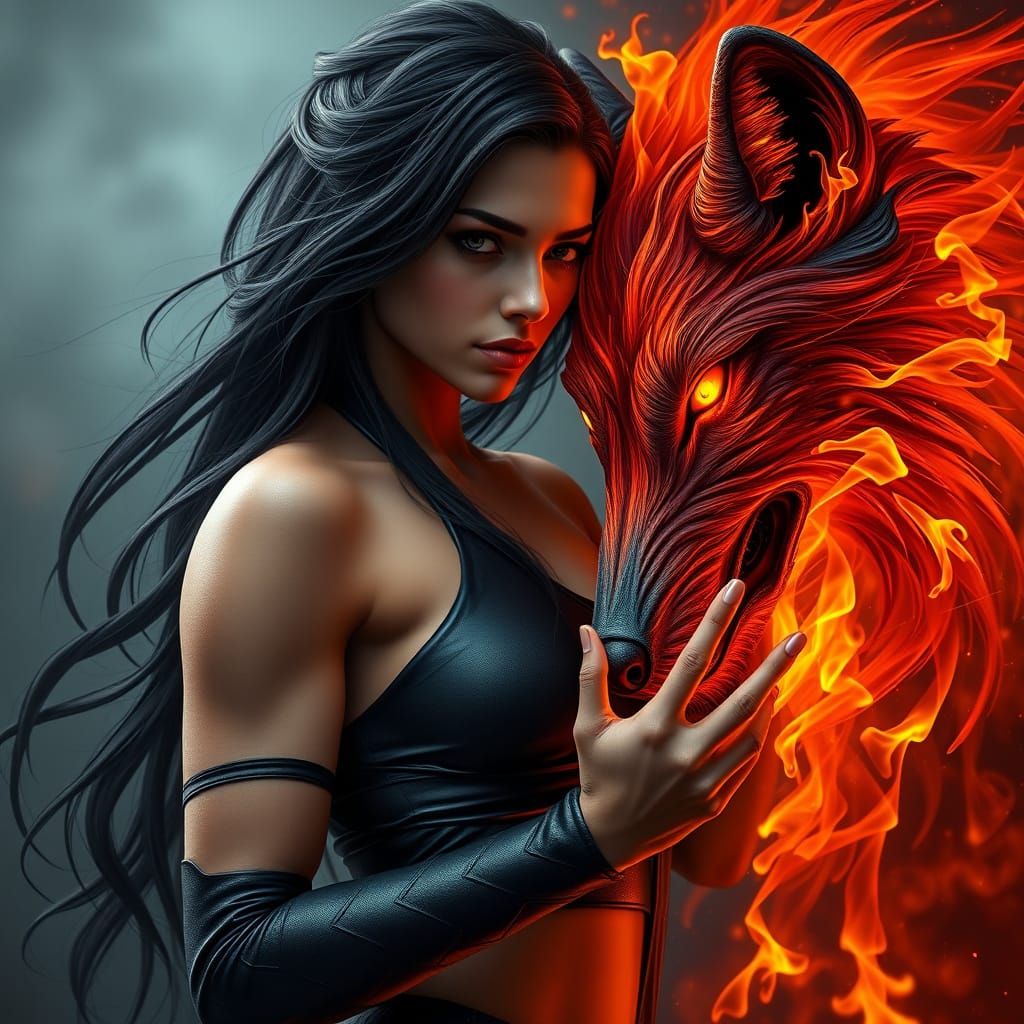 Fitness Goddess Embracing Fiery Wolf in Realistic Portrait