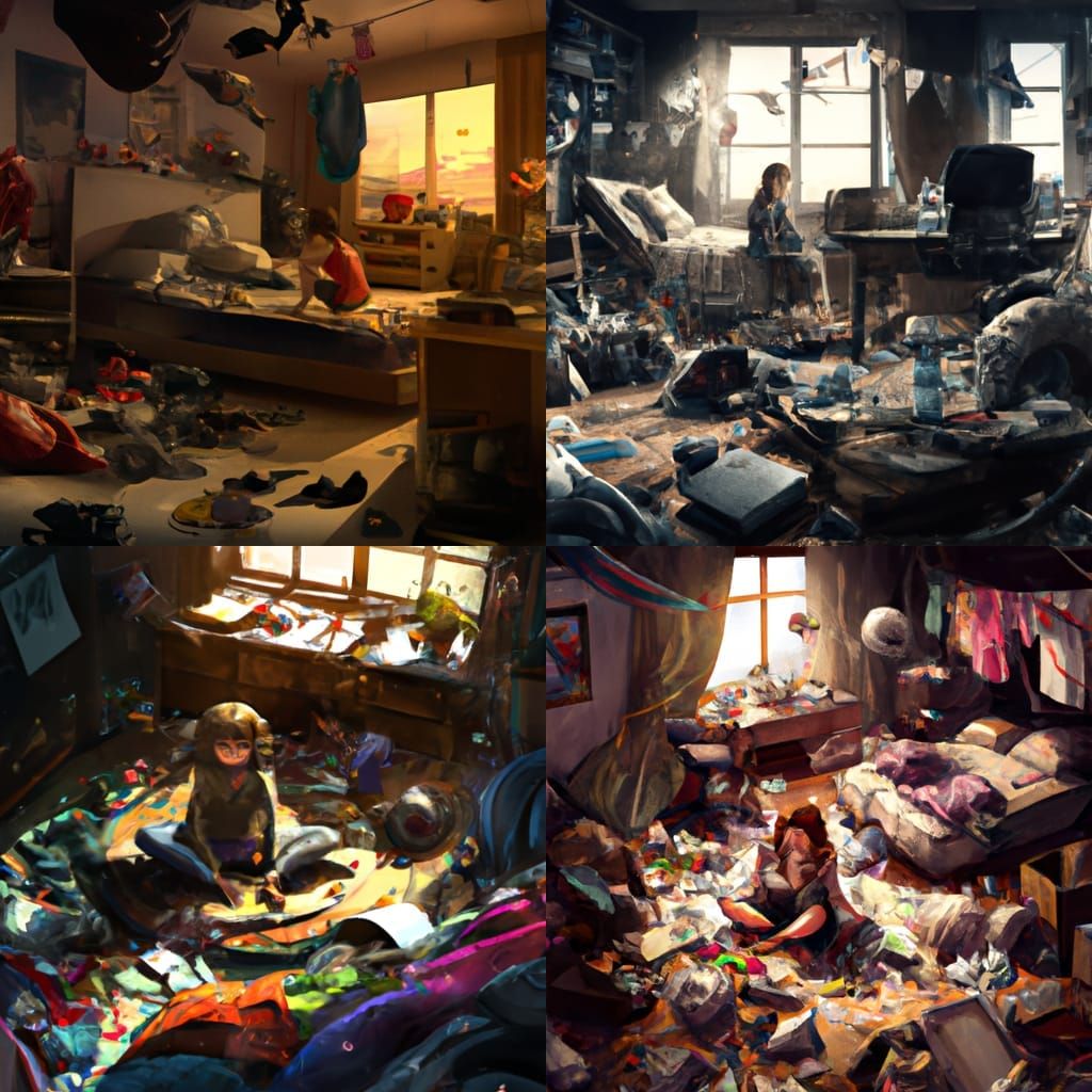 Crying Girl in Trashed Room: Dramatic Digital Painting