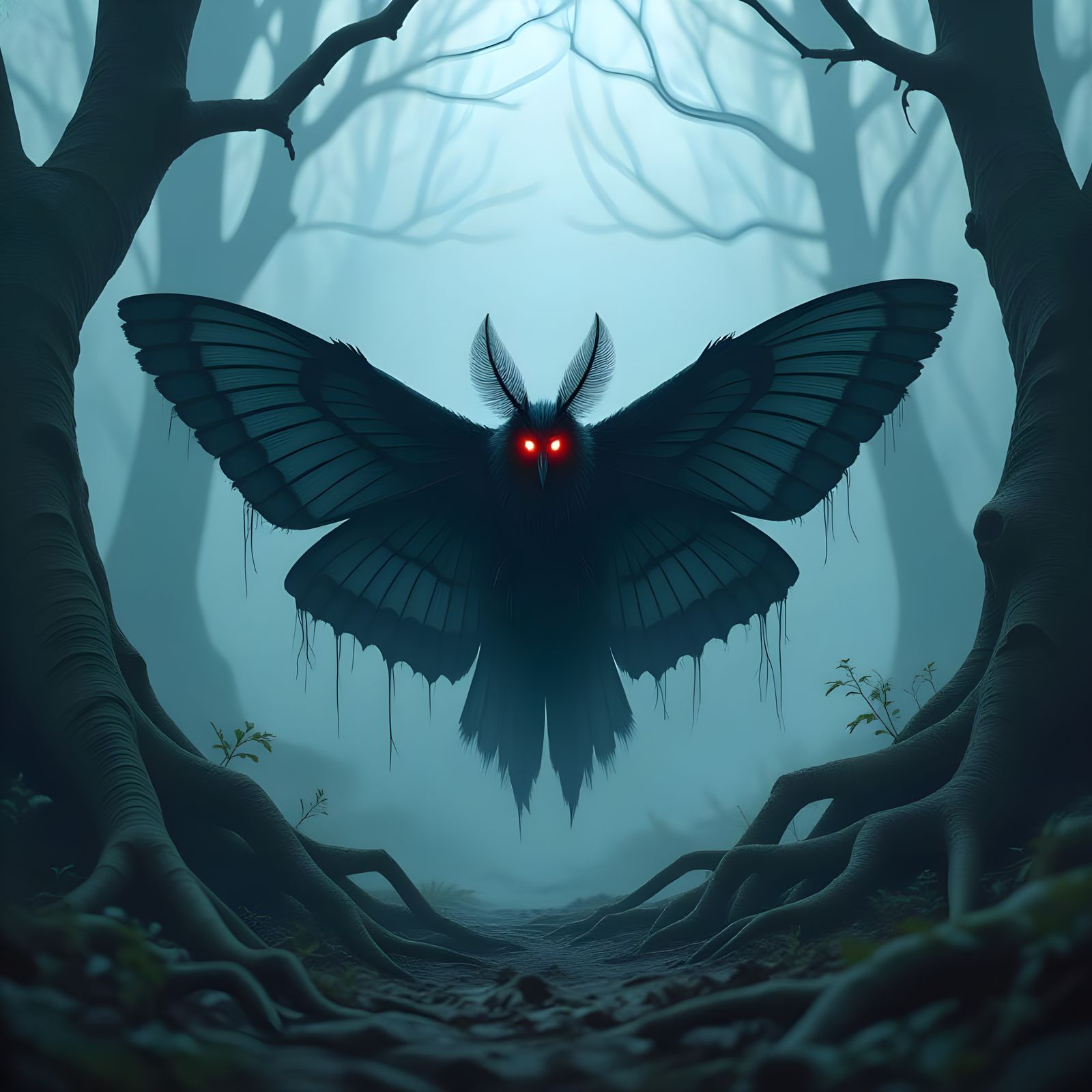 Realistic Image of Mothman in Woods with Red Eyes