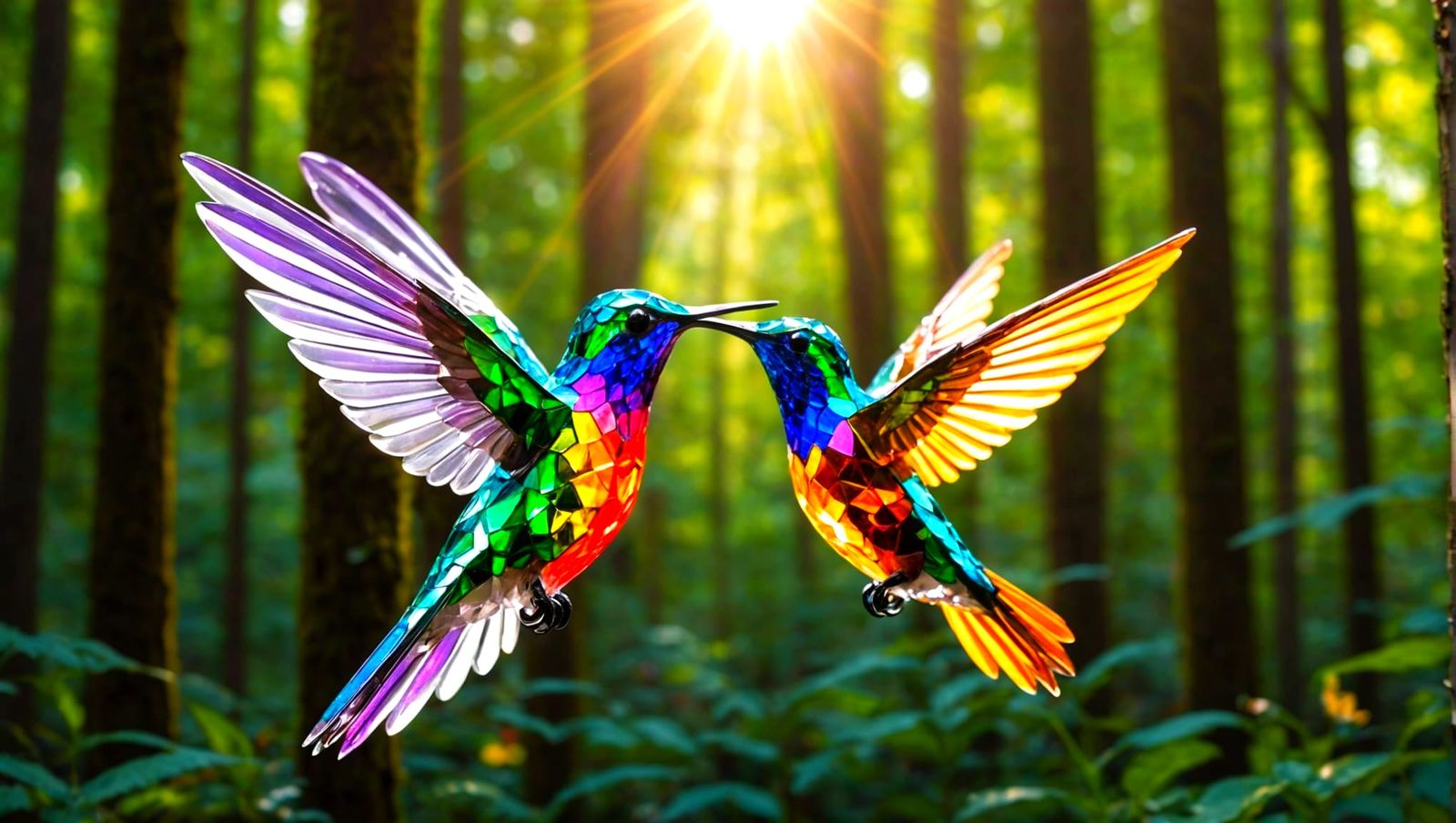 Crystal Hummingbird in Flight, Sunlit Forest
