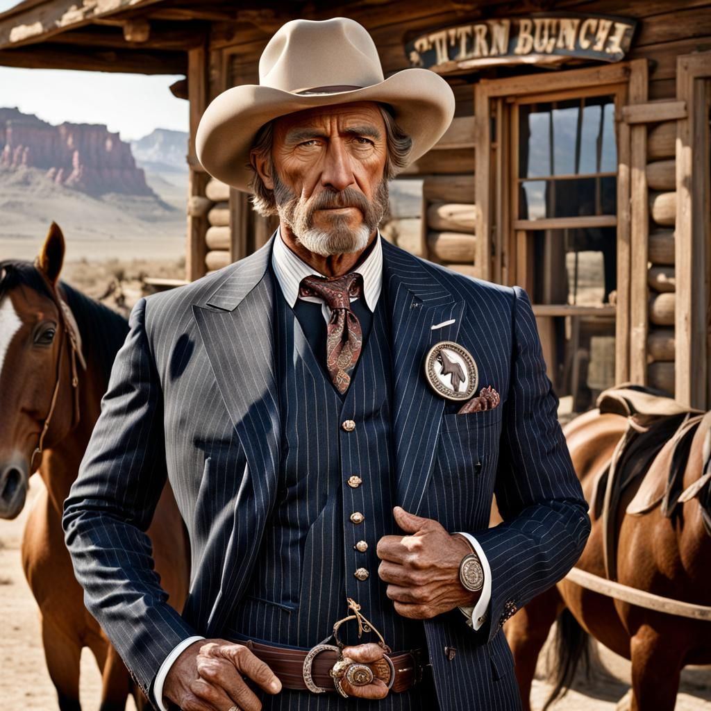 Hyperrealistic Western Gigachad with Horse Badge