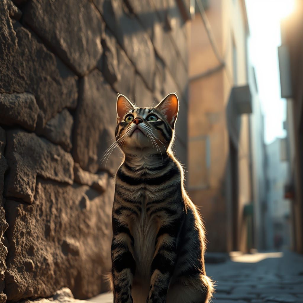 Urban Cat in Morning Light with Fantasy Cityscape
