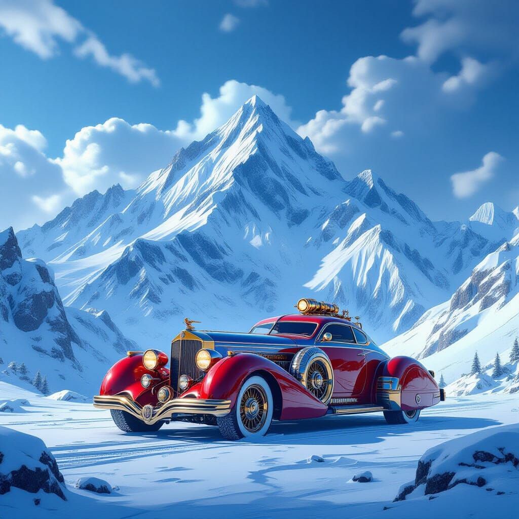 Steampunk Car Before Snowy Mountains 4K