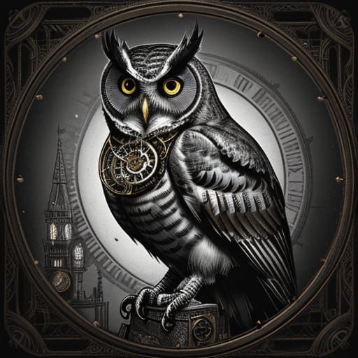 Steampunk Owl with Clockwork Gears on Telescope