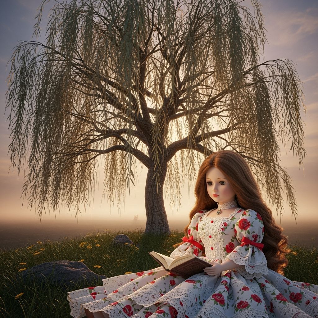 Doll Reading Under Weeping Willow: Photorealistic 3D Render