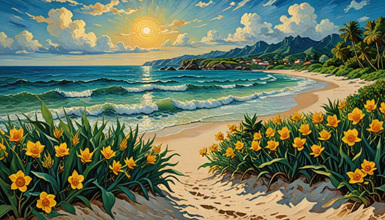 Vibrant Tropical Beachscape in Van Gogh Style