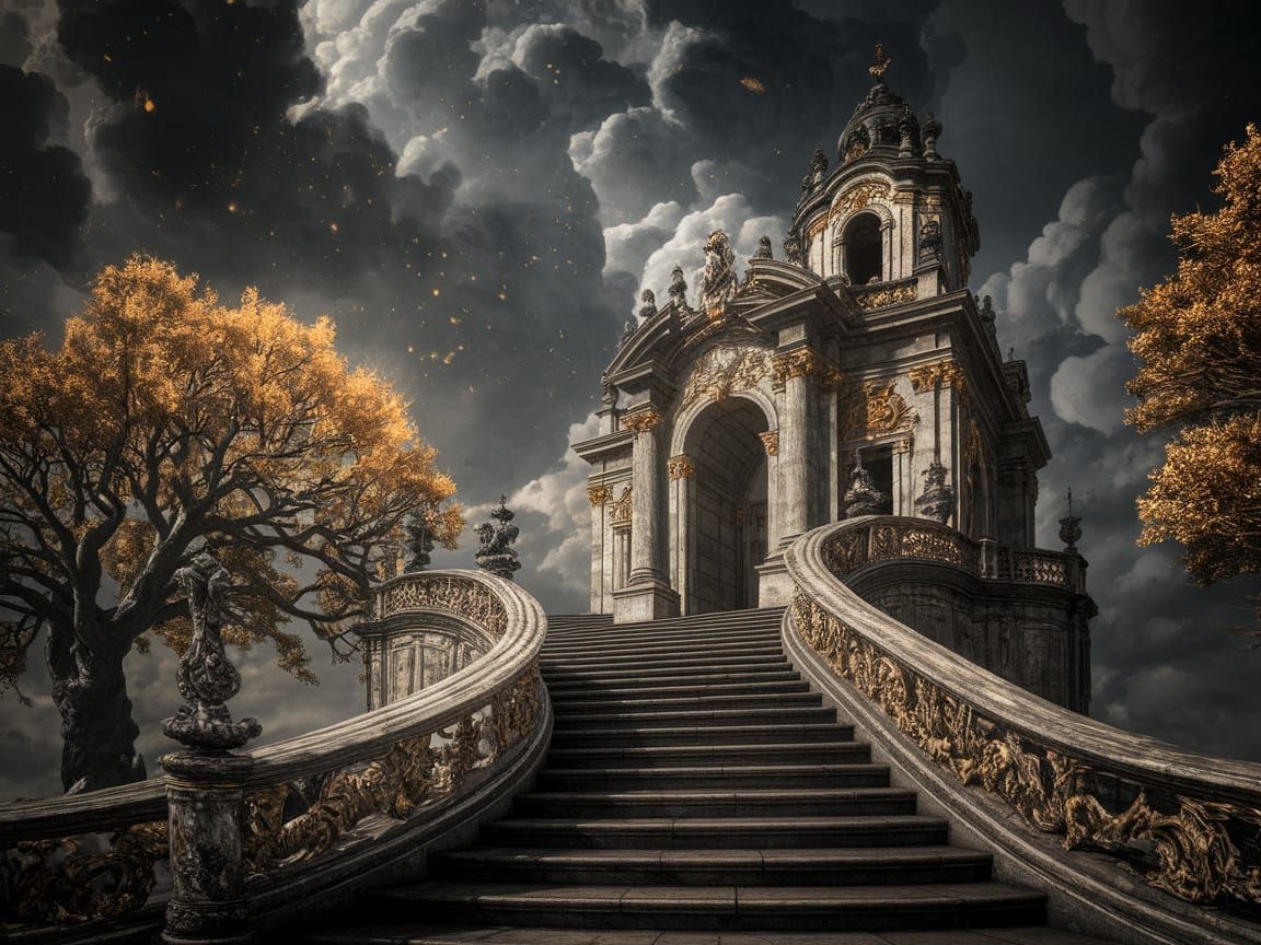 Spiraling Staircase to Ornate Stone Palace in Classic Baroqu...