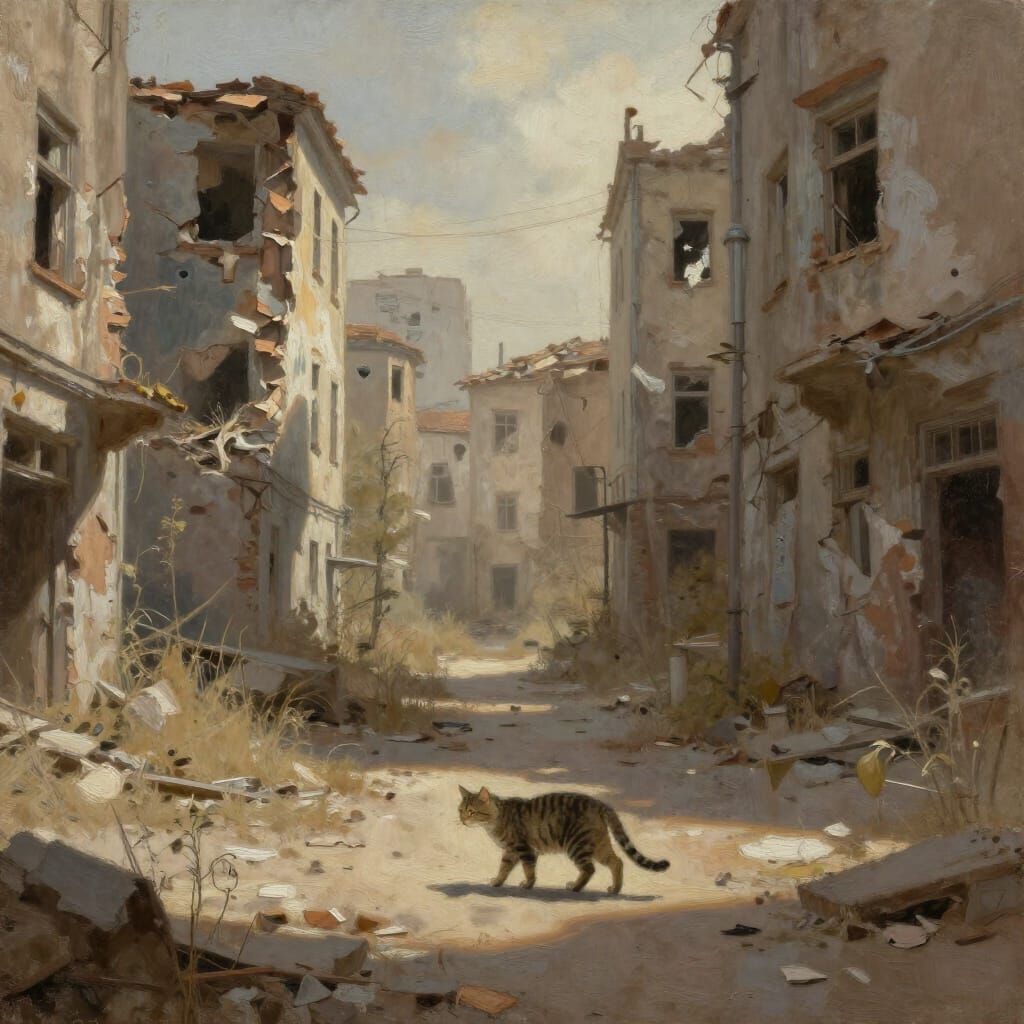 Tabby Cat in Abandoned City Oil Painting