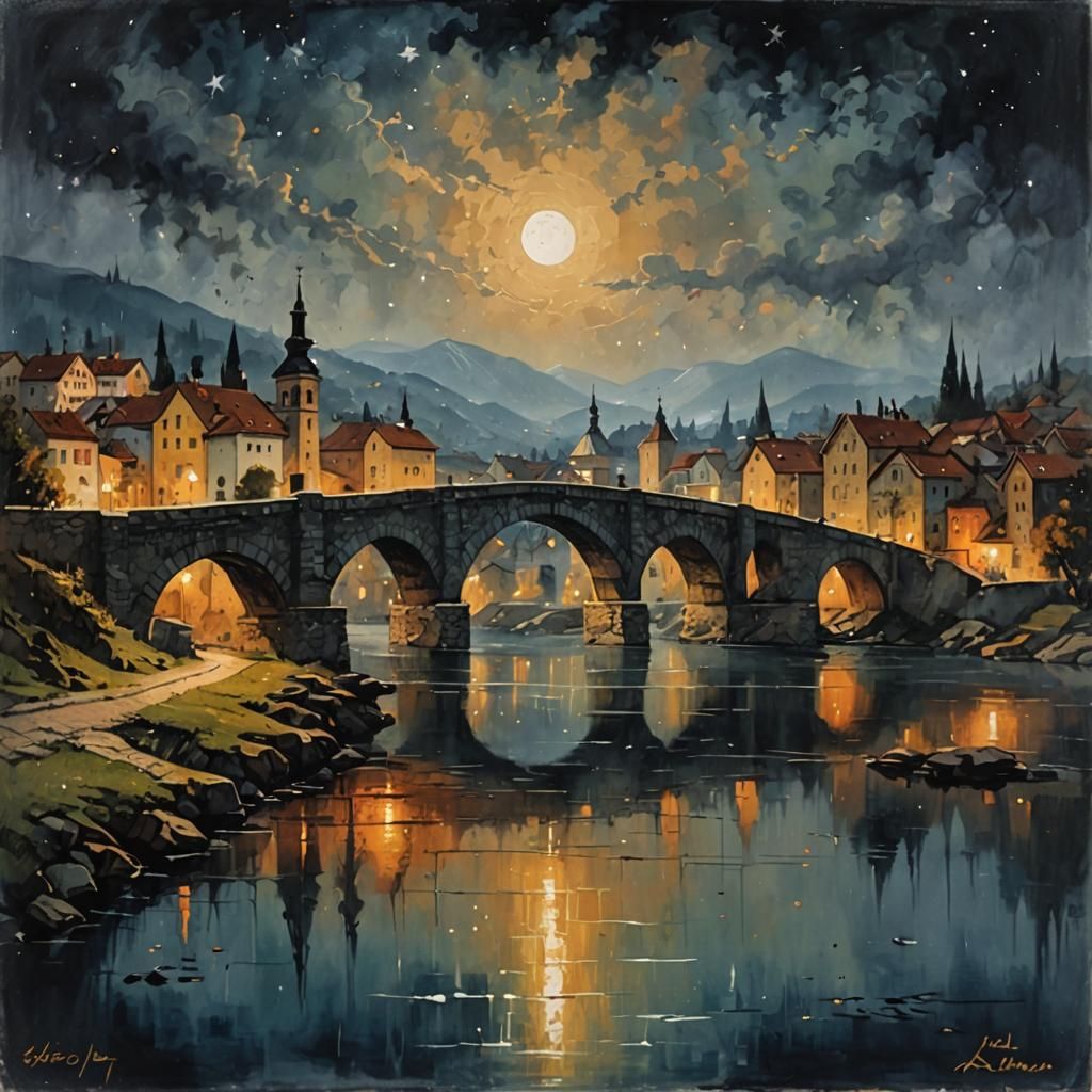 Balkan Town Old Bridge Scratched Painting