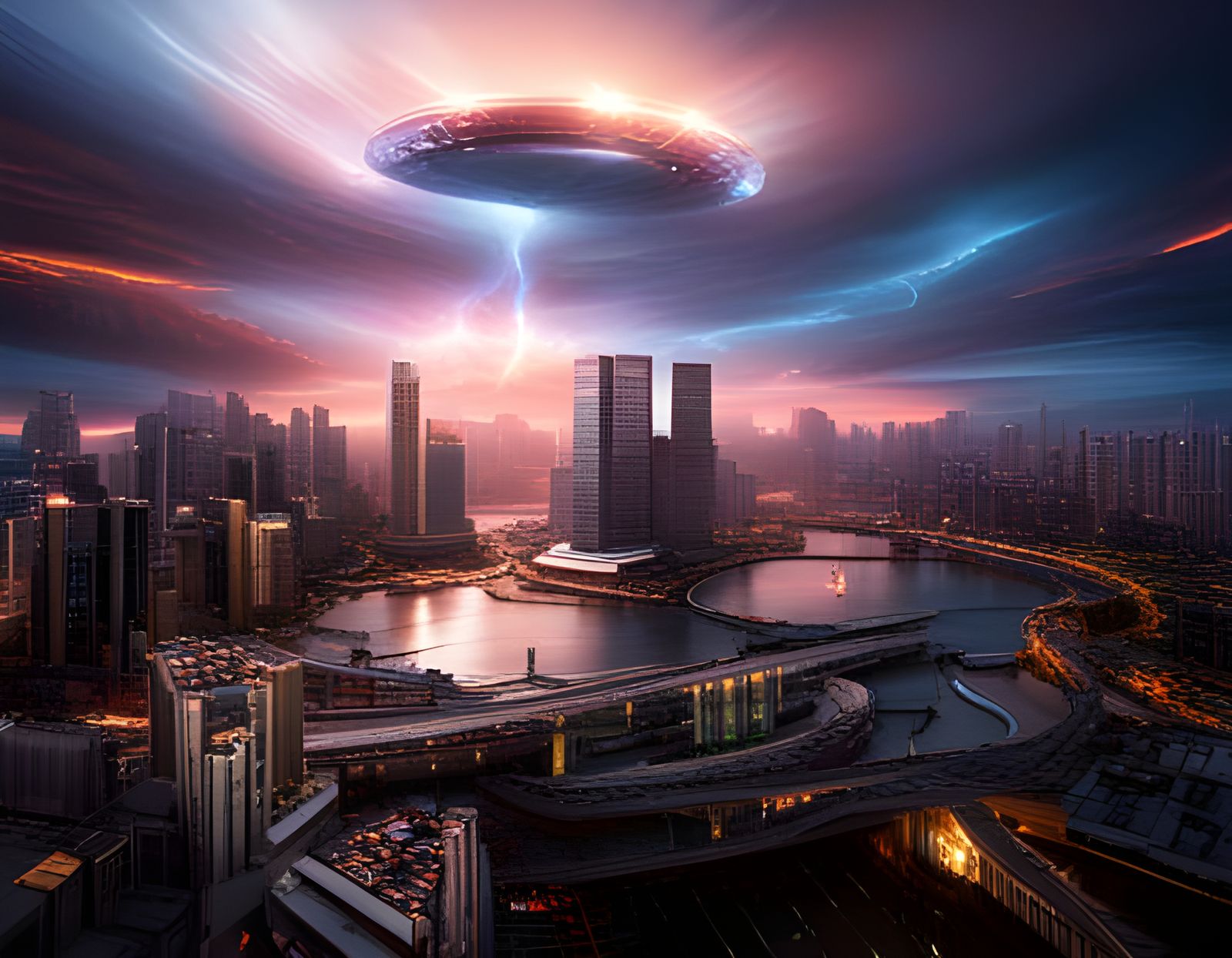 UFO Over Singapore Cityscape in Dark Fantasy Art