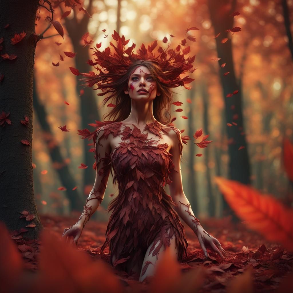 Beautiful Autumn Dryad in Forest Concept Art