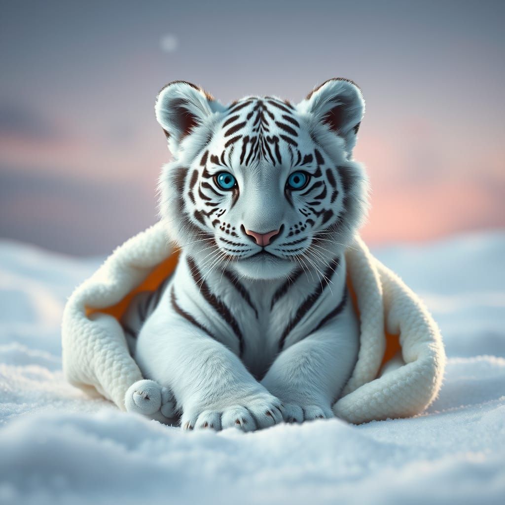 Hyper-Realistic Digital Artwork of a Little White Tiger in S...