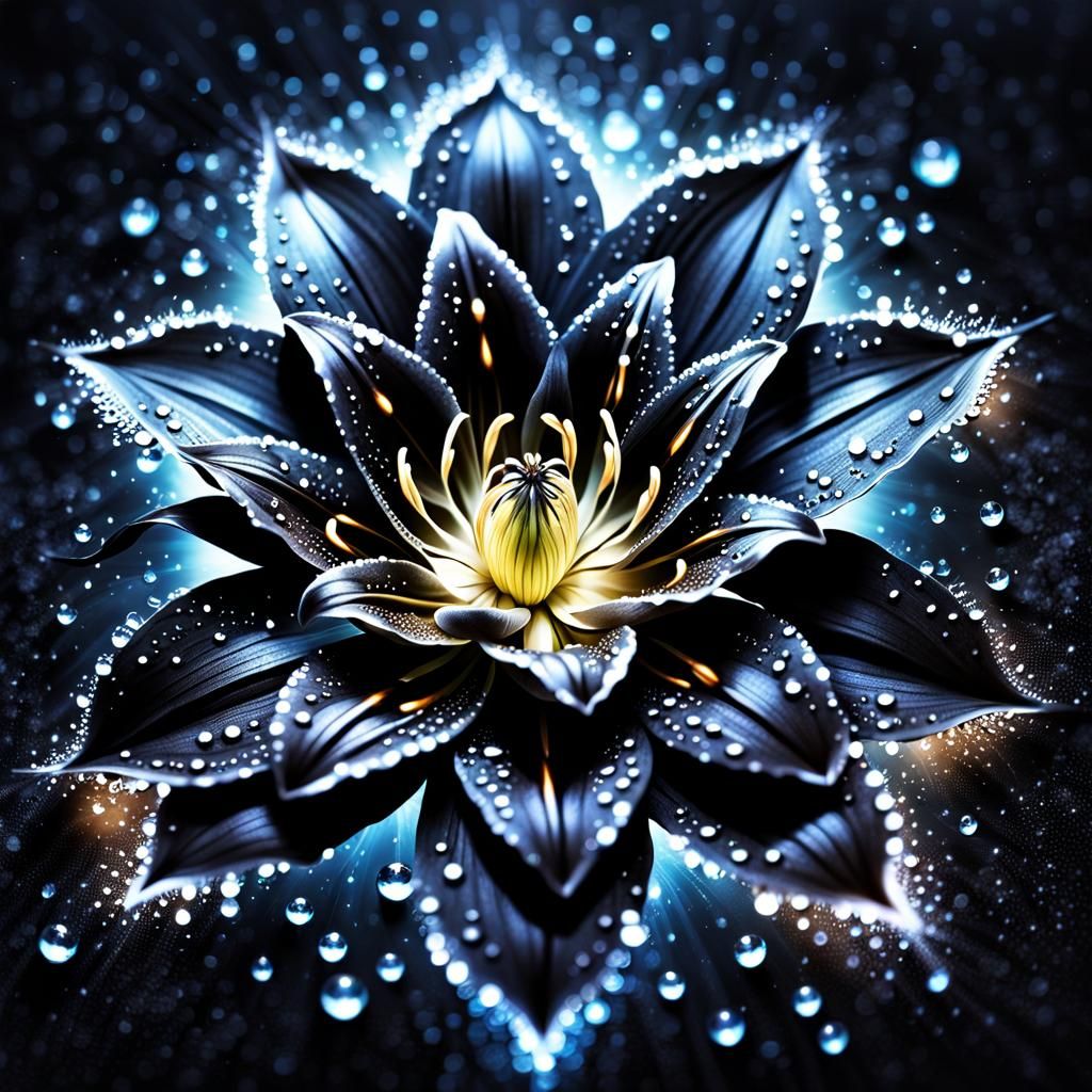Hyperrealistic Black Lily with Celestial Star Patterns
