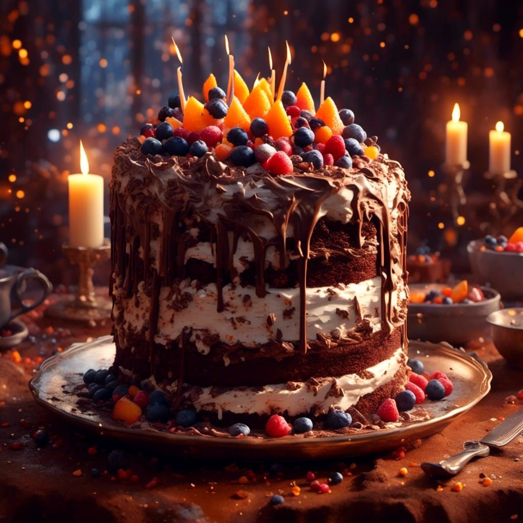 Magical Chocolate Birthday Cake in Vibrant Fantasy Art
