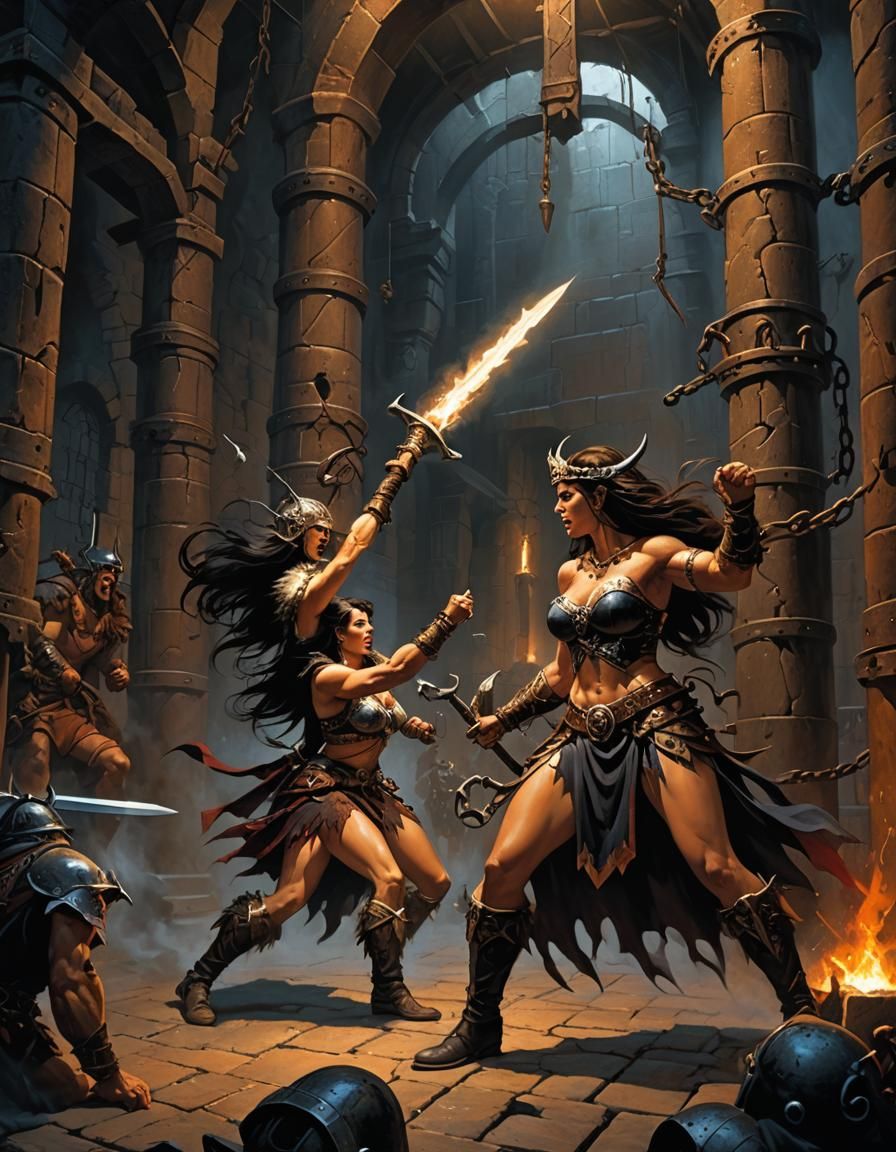 Barbarian Warrior vs Sorcerer: Dark Fantasy Art