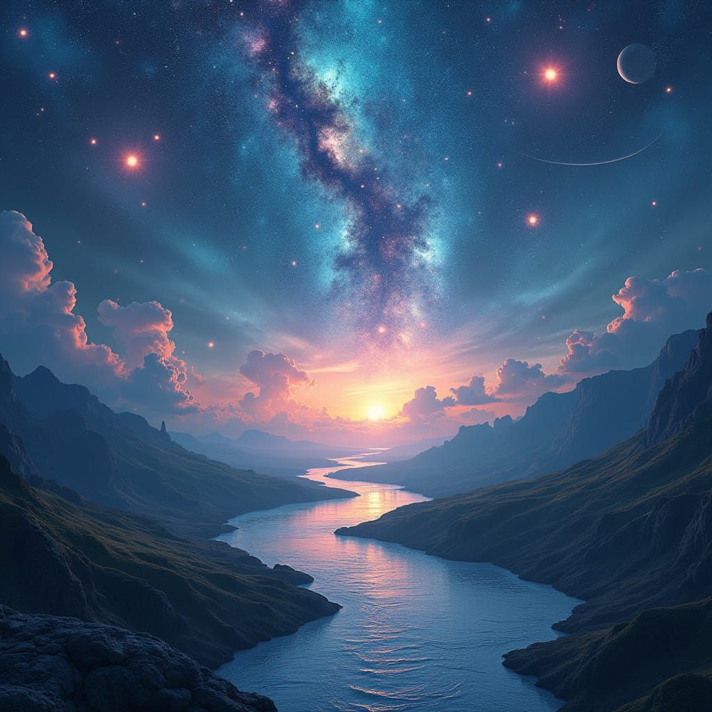 Celestial Chess Under Starry Skies in Dreamlike Landscape
