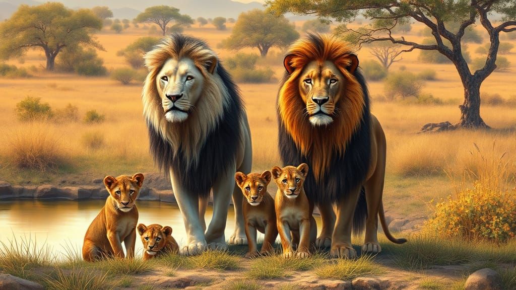 Majestic Lions and Cubs in Savannah Landscape