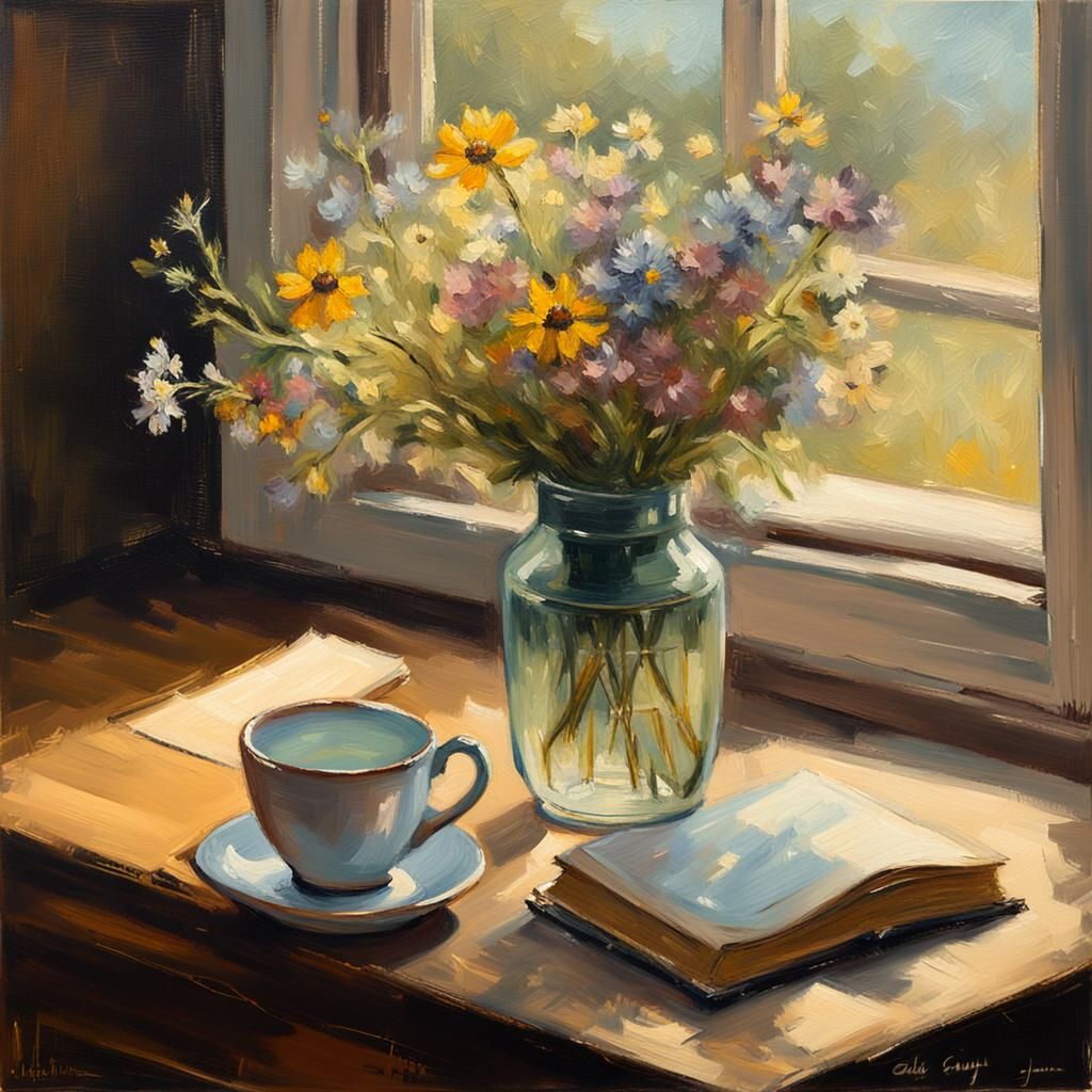 Wildflowers in Vase: Impressionist Oil Painting