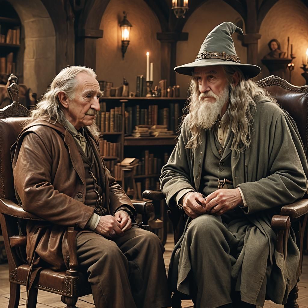 Tolkien and Gandalf in Whimsical Academic Study
