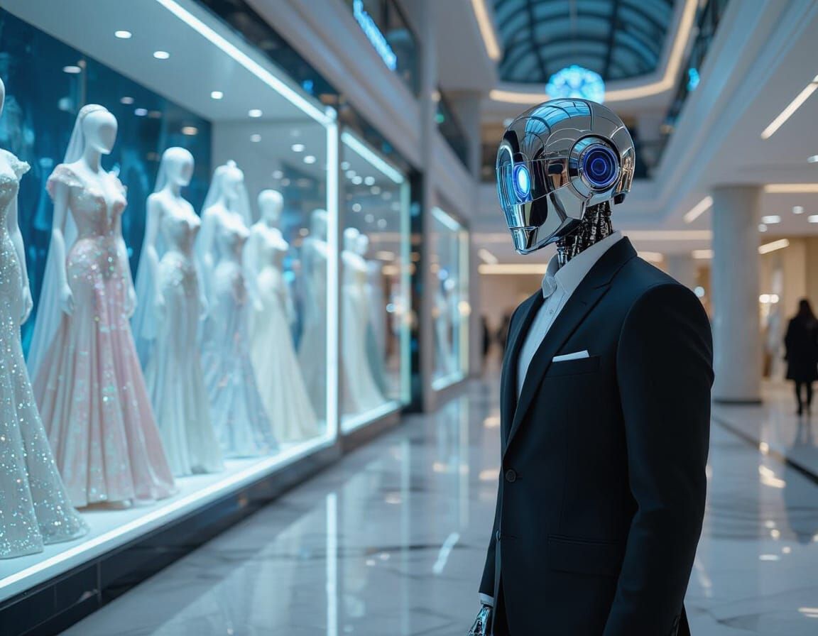 Robot Gazing at Bridal Costumes in Art Deco Mall