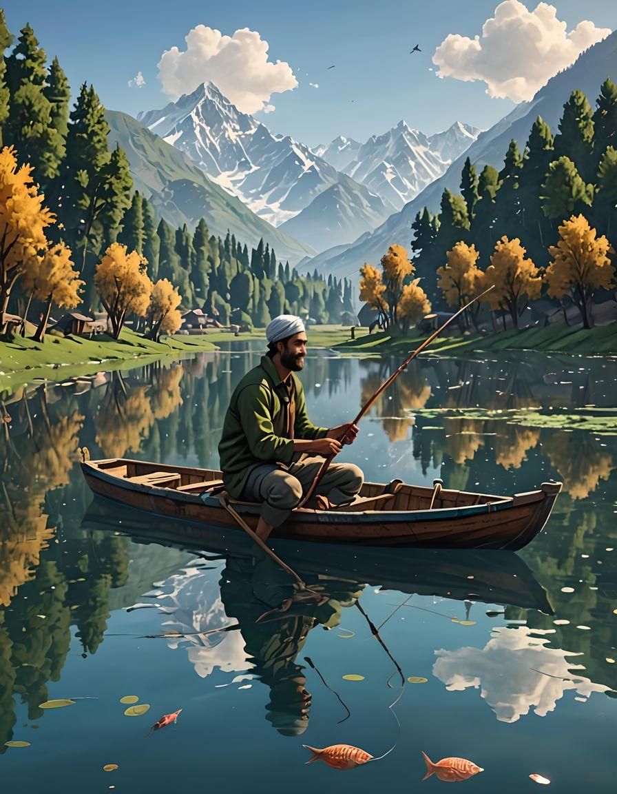 Smiling Kashmiri Fisherman in 3D Anime Art Style