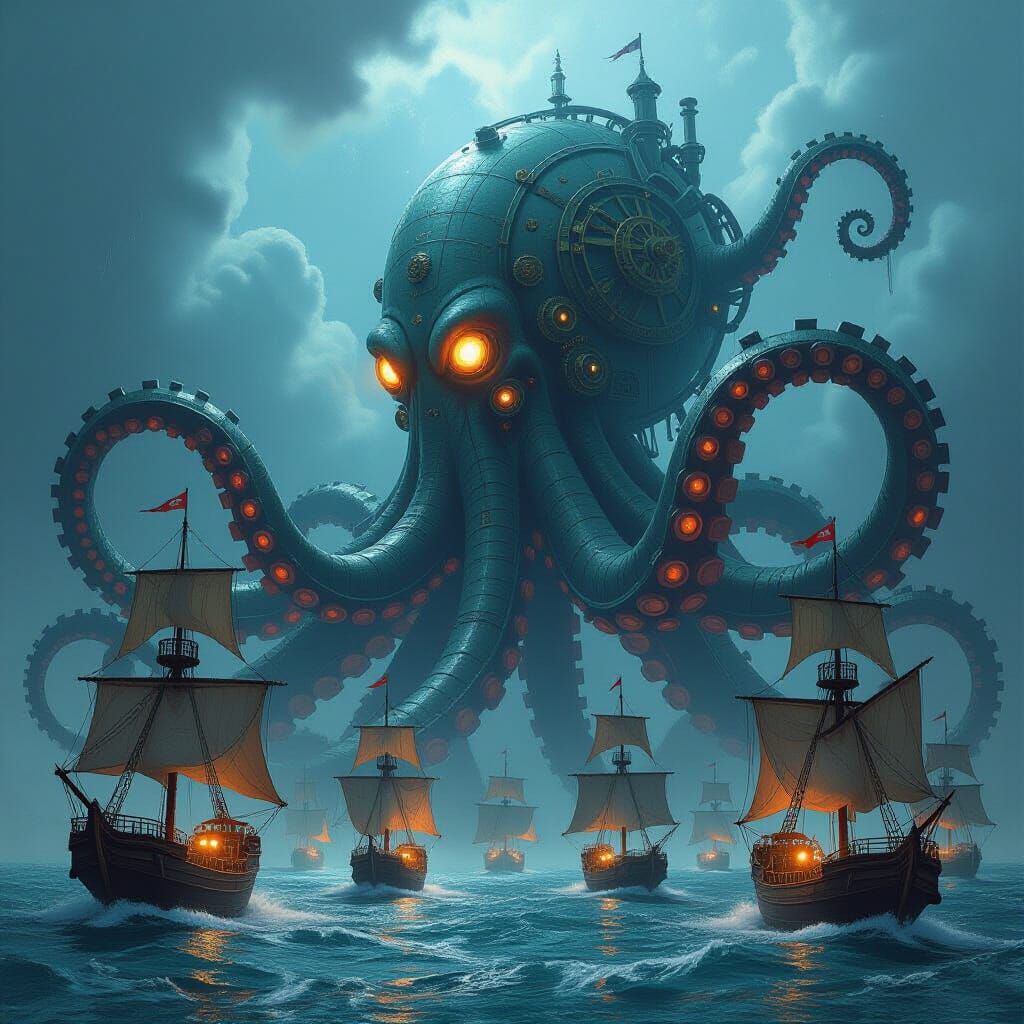 Steampunk Kraken Attacks Victorian Ships in Stormy Sea