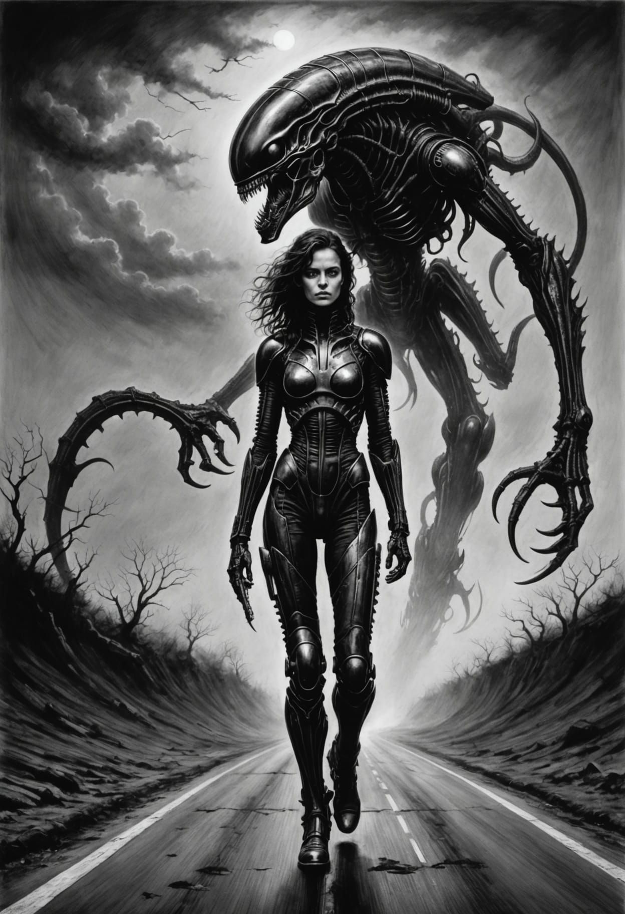 Charcoal Drawing: Human and Xenomorph Encounter