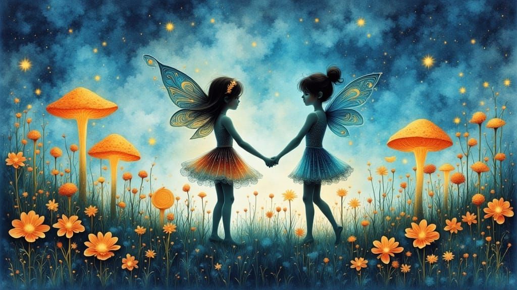 Fairies Dancing in Dewdrop: Watercolor Ink Fantasy