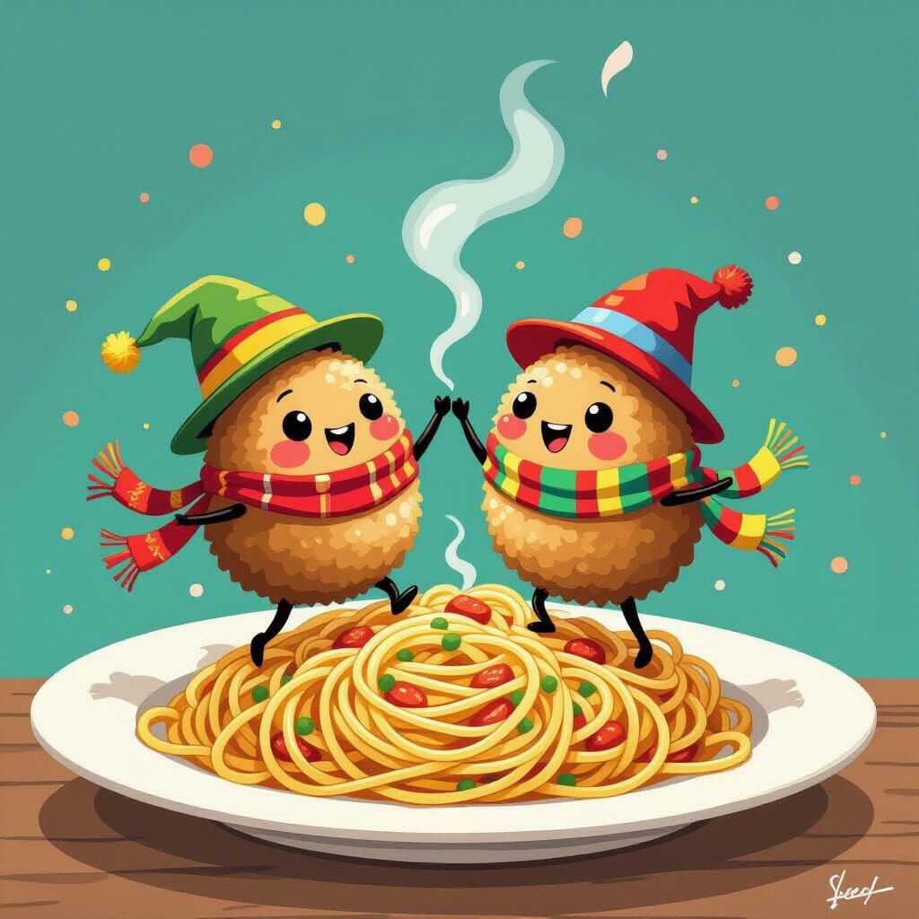 Dancing Meatballs on Spaghetti, Whimsical Art