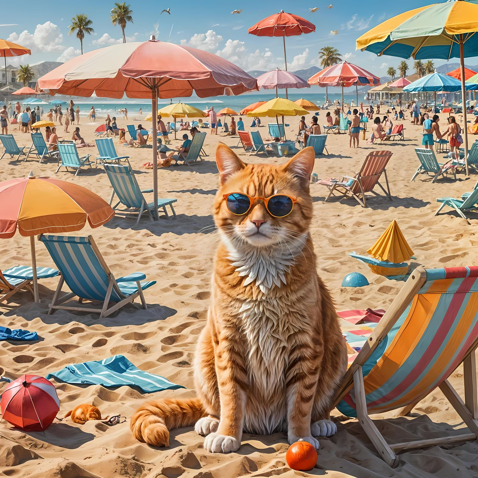 Ginger Cat Enjoying Sunny Beach Day in Cartoon Style