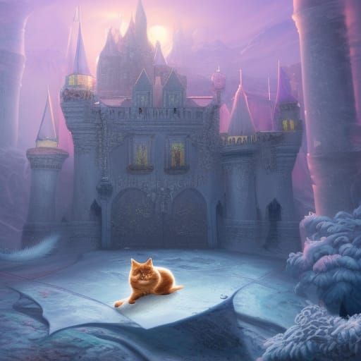 Ice Cat Sleeps in Castle: Fantasy Concept Art