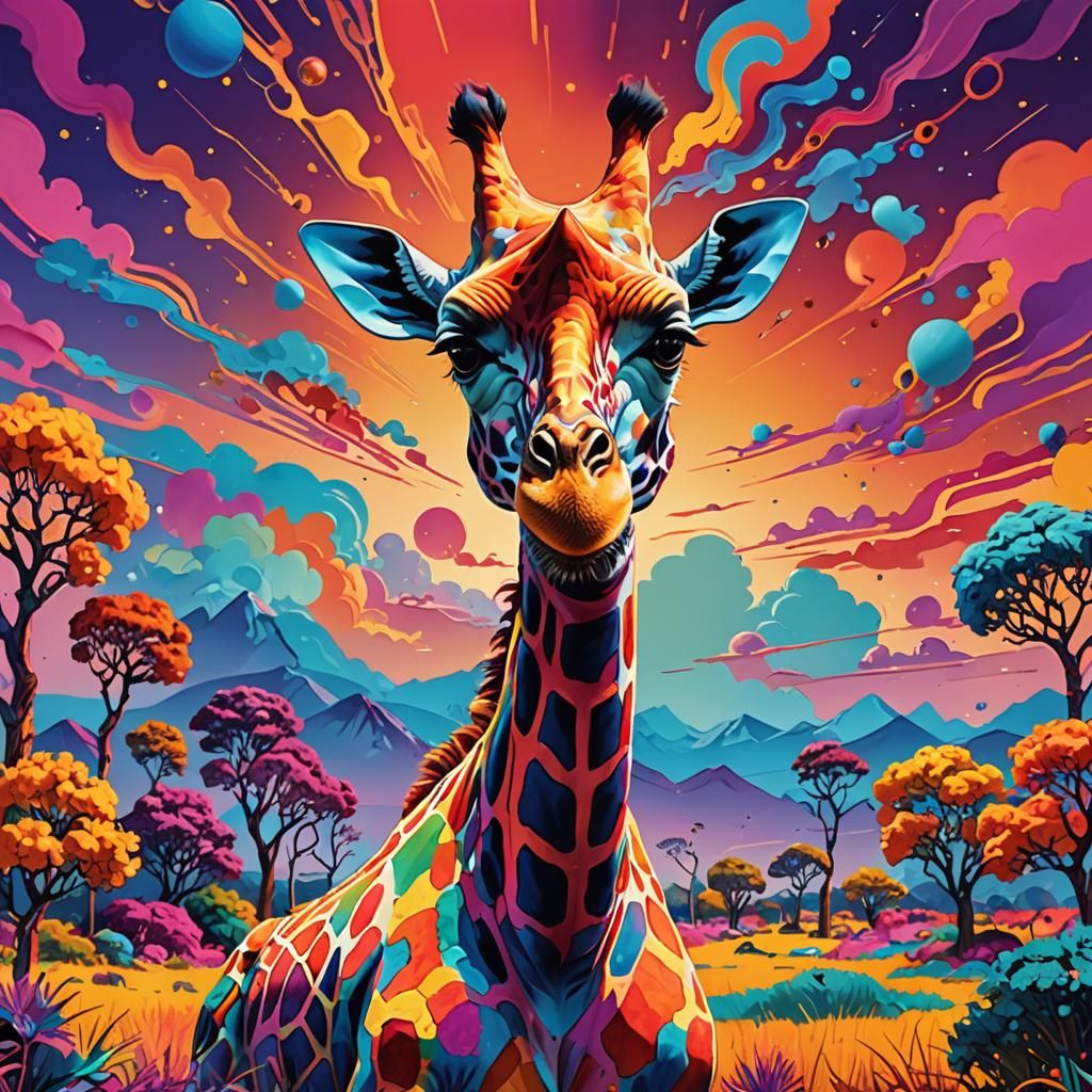 Psychedelic Giraffe with Iridescent Fur, Peter Max Style