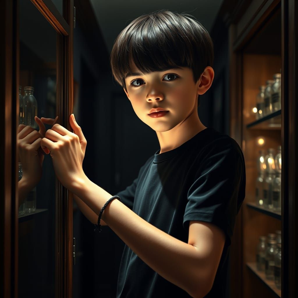 Boy Opening Cabinet with Illuminated Bottles