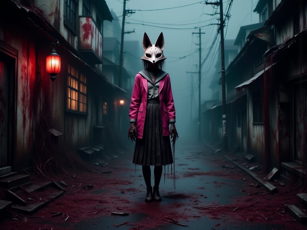 Nightmare Japanese Street with Masked Figure