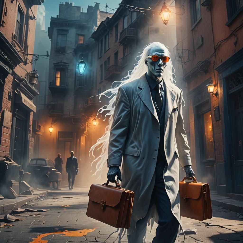 Ghostly Figure with Briefcase in Mystical Street