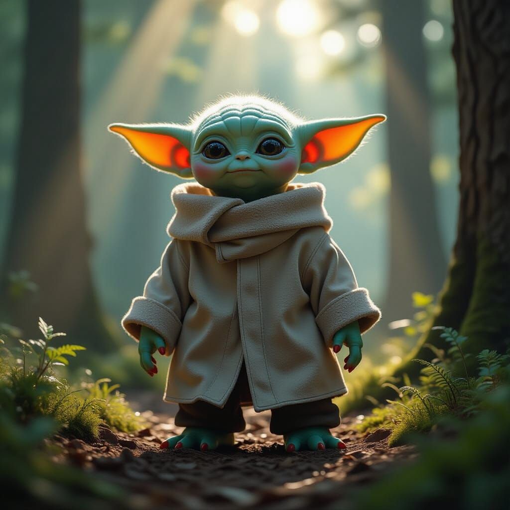 Giant Grogu in Sunlit Forest Clearing