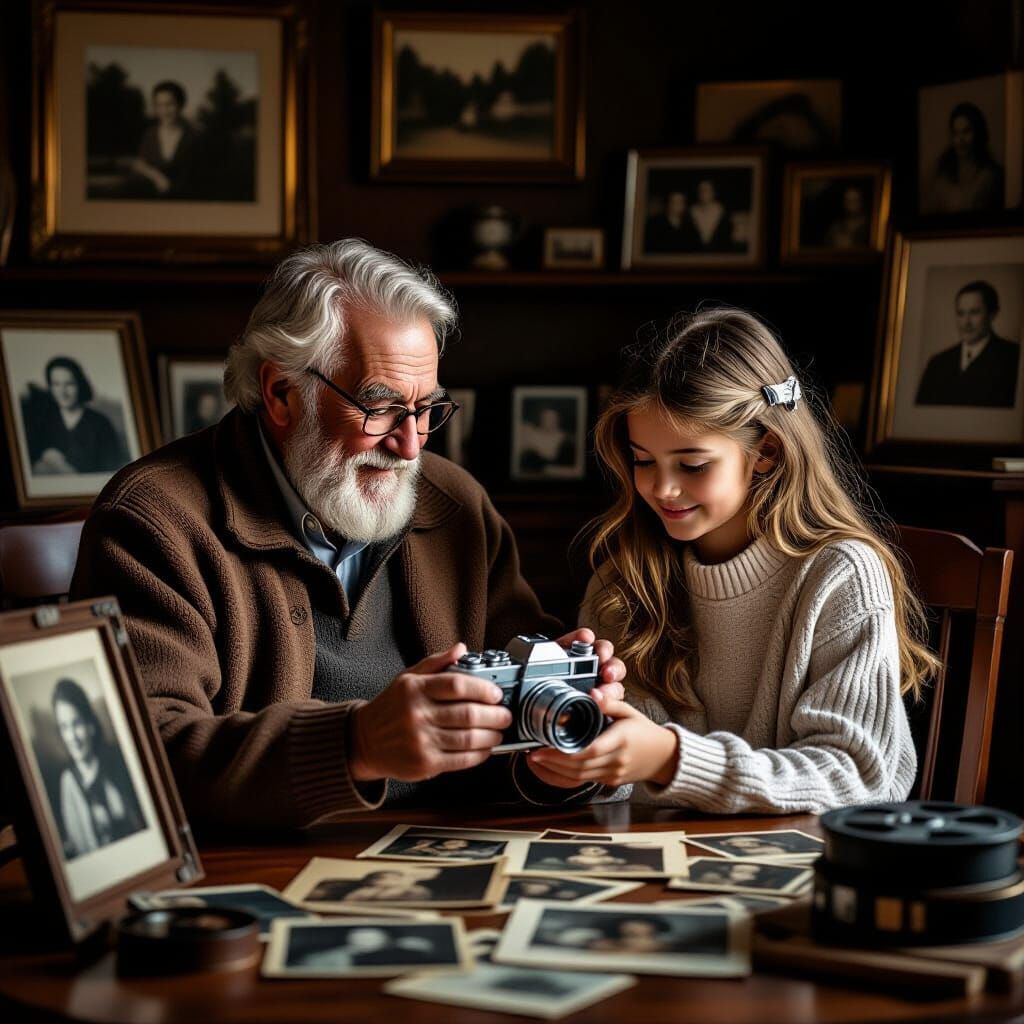 Grandfather Passing Camera to Granddaughter in Nostalgic Set...