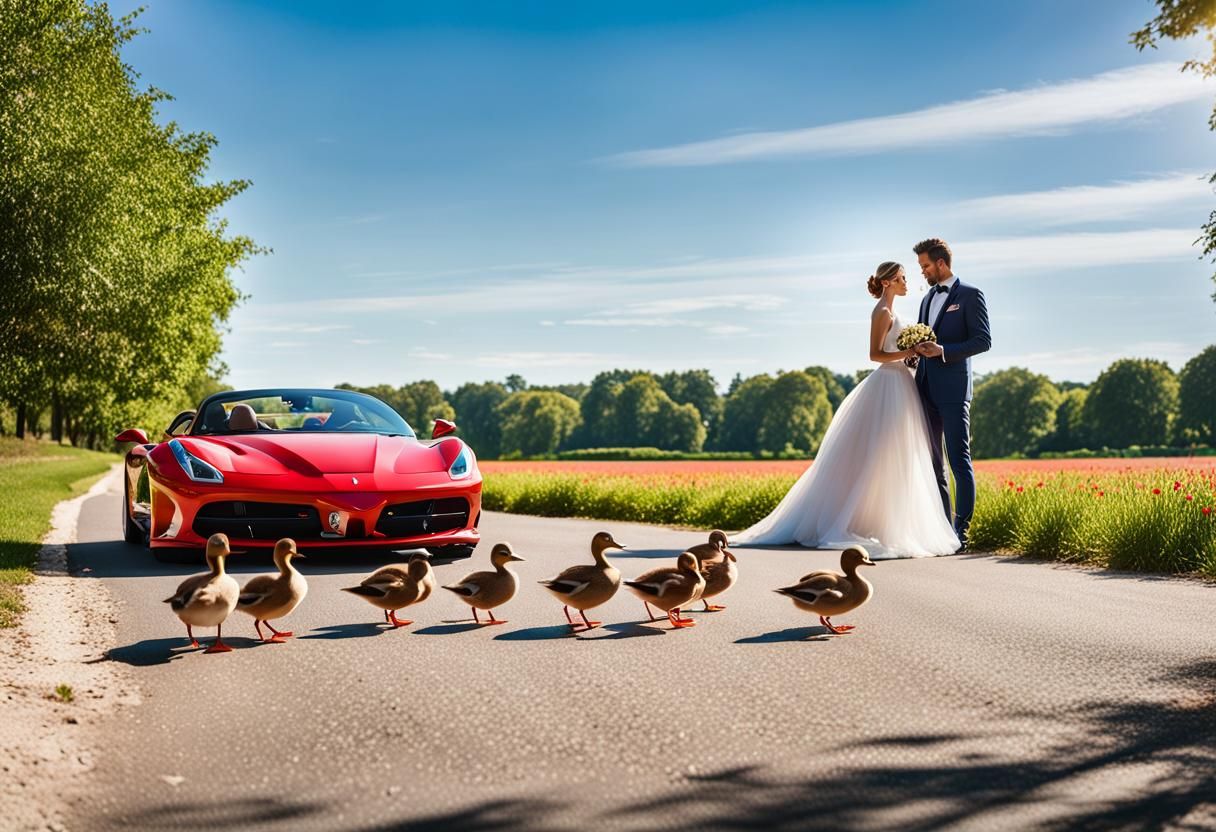 Wedding Photo Interrupted: A Photorealistic Duck Family