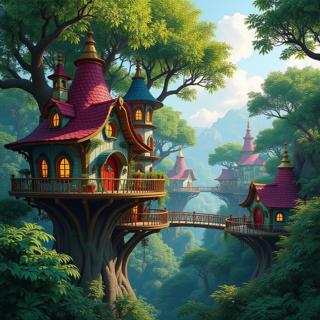 Whimsical Treehouse Village in Fantasy Concept Art Style